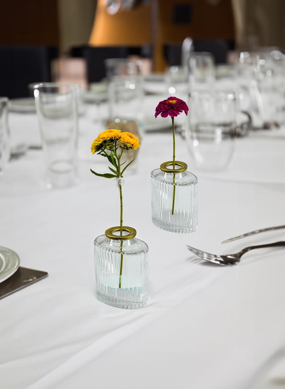 Clear Ribbed Glass Oval Bud Vases with Gold Rim, Available in 2 Sets