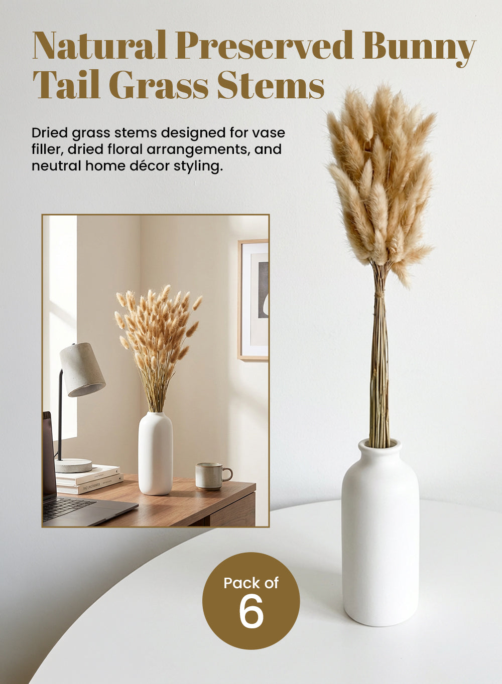 Natural Preserved Bunny Tail Grass Stems, 25" Tall, Pack of 6