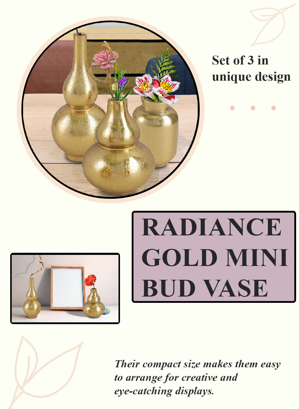 Radiance Gold Mini Bud Vase, Set of 3 in Unique Designs