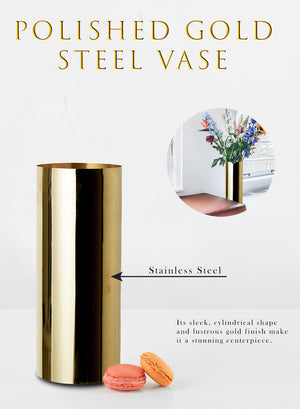 Polished Gold Stainless Steel Vase - 8" Diameter & 20" Tall