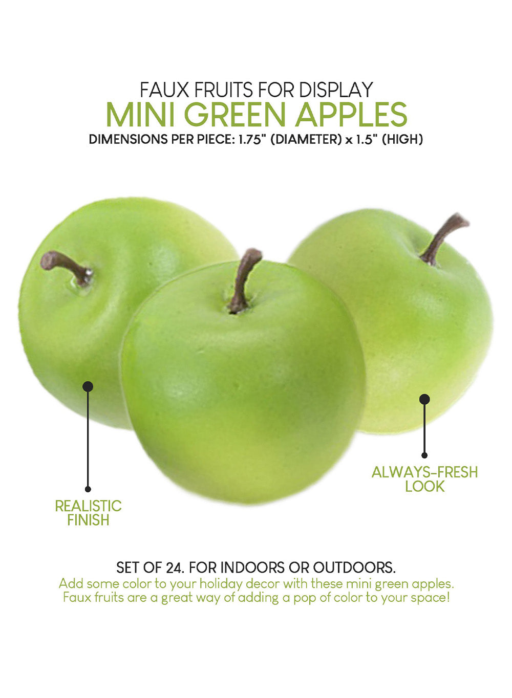 Serene Spaces Living Set of 24 Mini Green Apples, Measures 1.75" Dia & 1.5" H