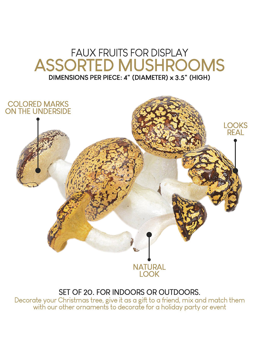 Serene Spaces Living Set of 20 Assorted Mushroom, Measures 4" Dia & 3.5" H