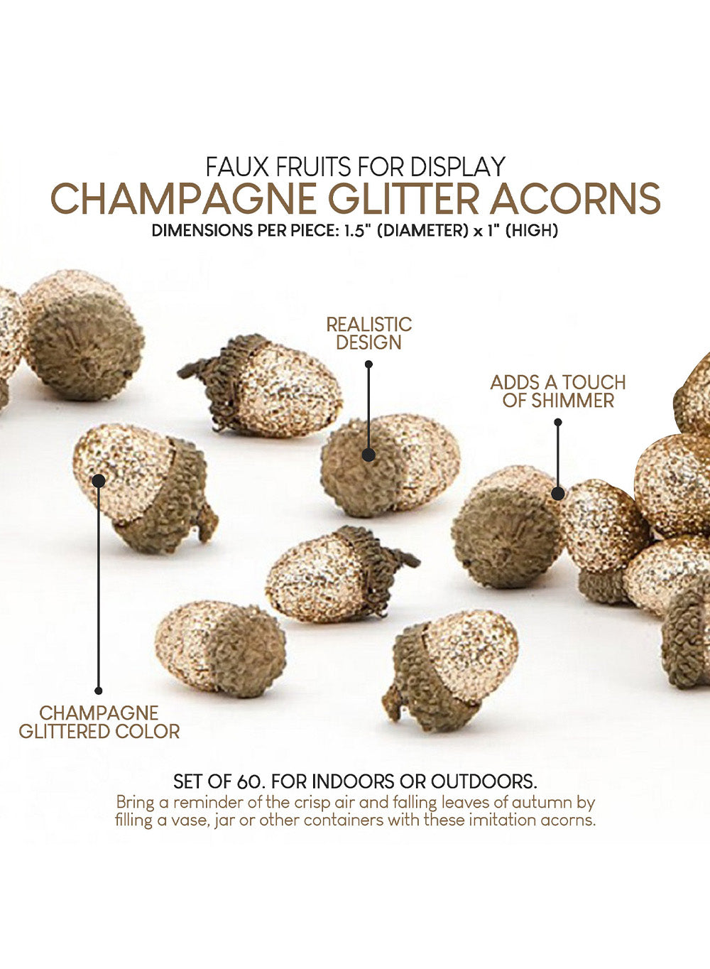 Serene Spaces Living Set of 60 Champagne Glitter Acorns, Measures 1.5" Dia & 1"H