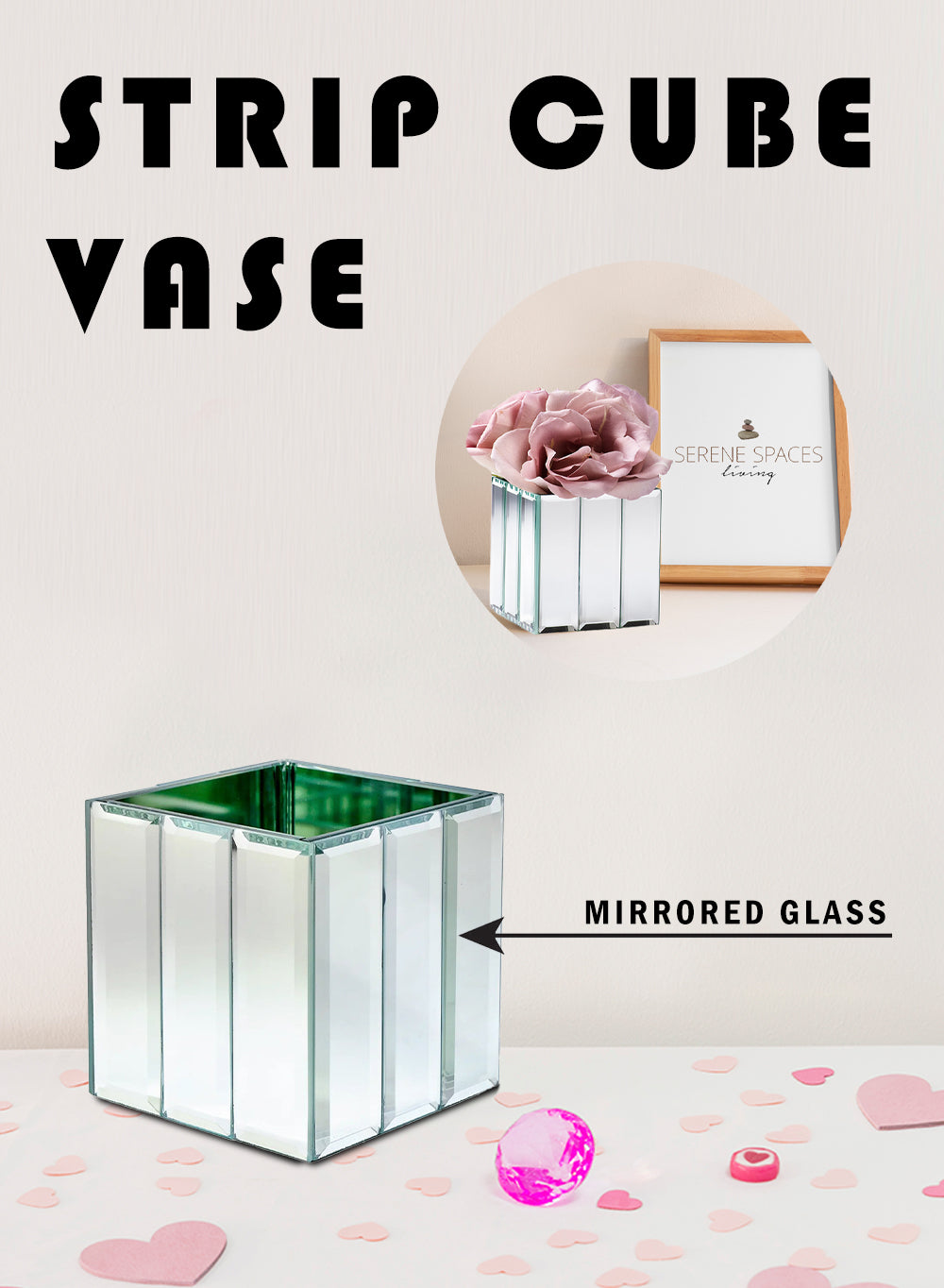 Serene Spaces Living Gatsby Mirror Strip Cube Vase – Art Deco Inspired Glass Vase with Mirror Finish, Available in 2 sizes