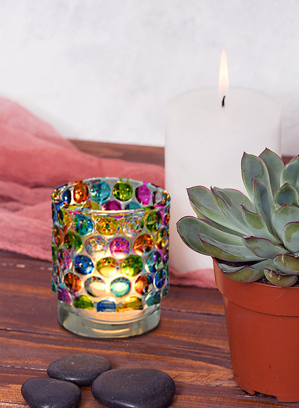 3" Vibrant Polka-Dot Glass Candle Holder