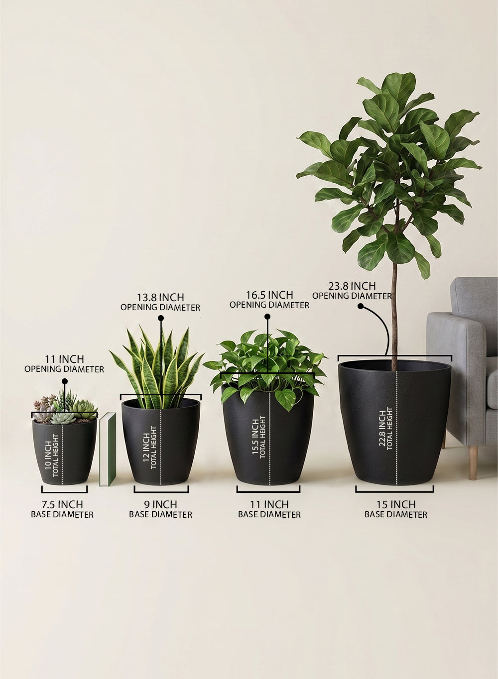 Bundle: Ebon Tapered PVC Planter Pot (Pack of 4)