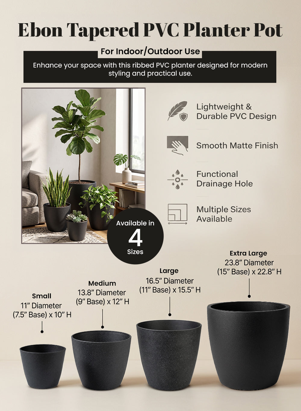 Ebon Tapered PVC Planter Pot Collection