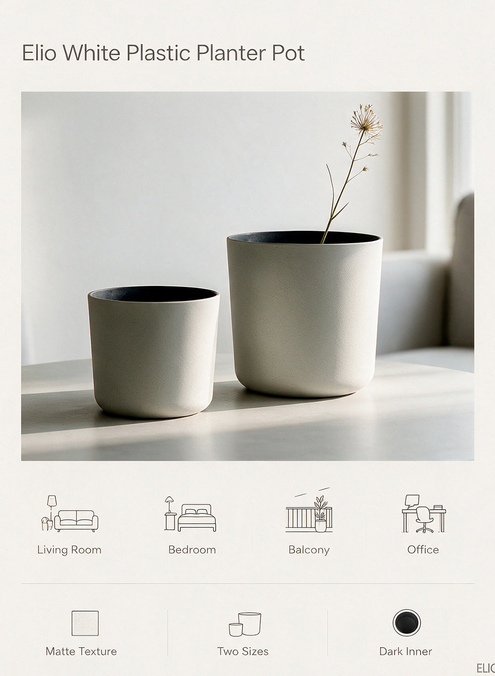 Bundle: Small & Large Elio White Plastic Planter Pot