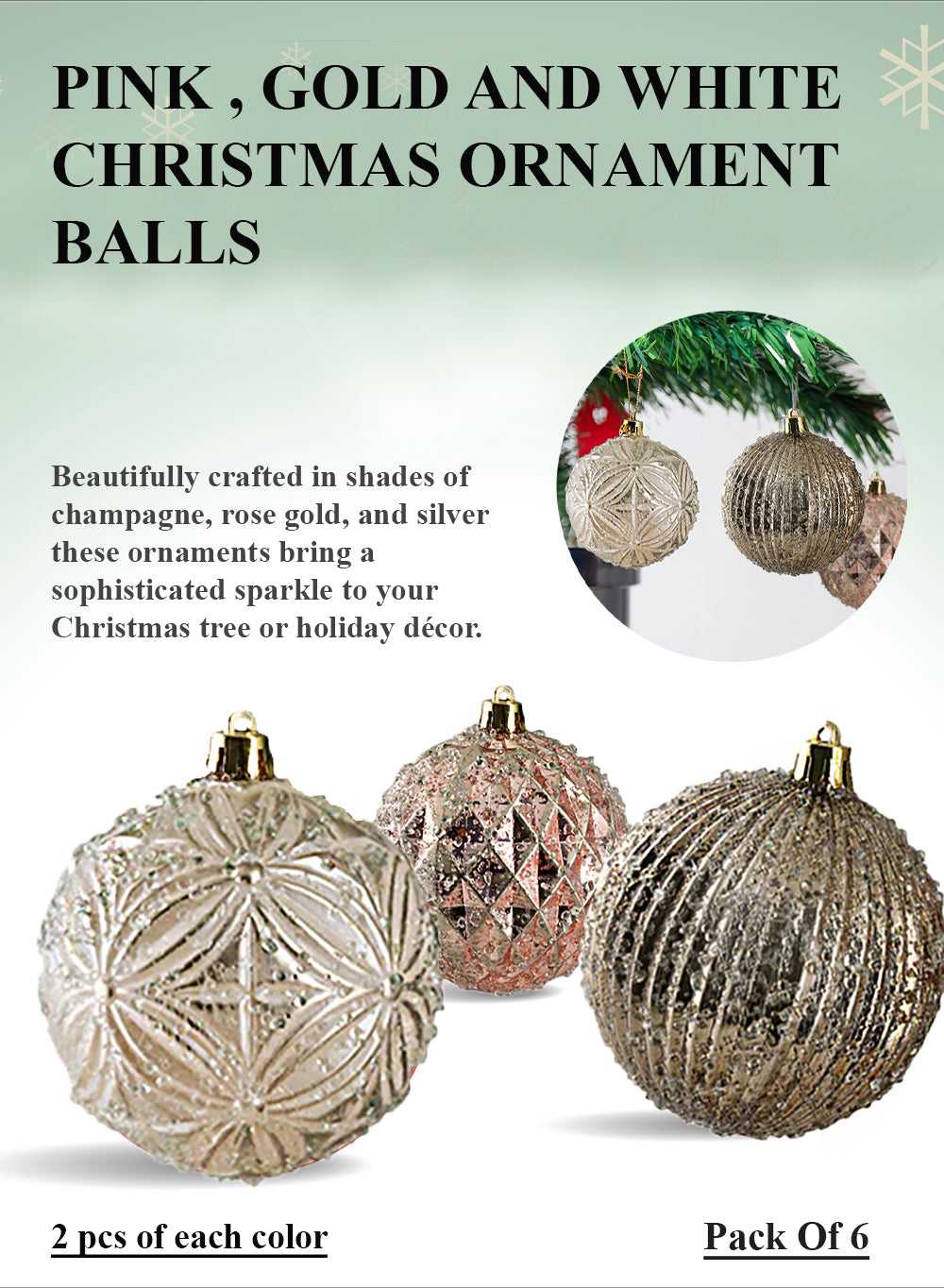 3" Pink, Gold & White Ornament Balls, Pack of 6