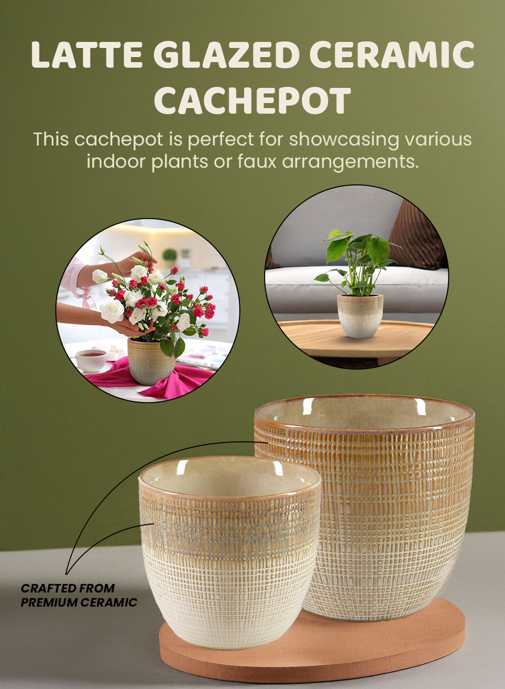 Latte Glazed Ceramic Cachepot, in 2 Sizes