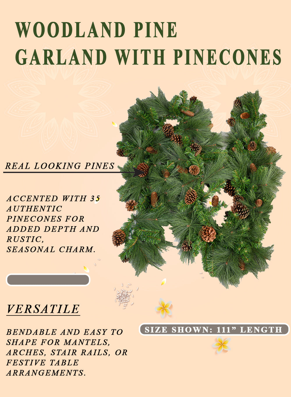 111" Woodland Pine Garland with Pinecones – 195 Tips & 35 Cones