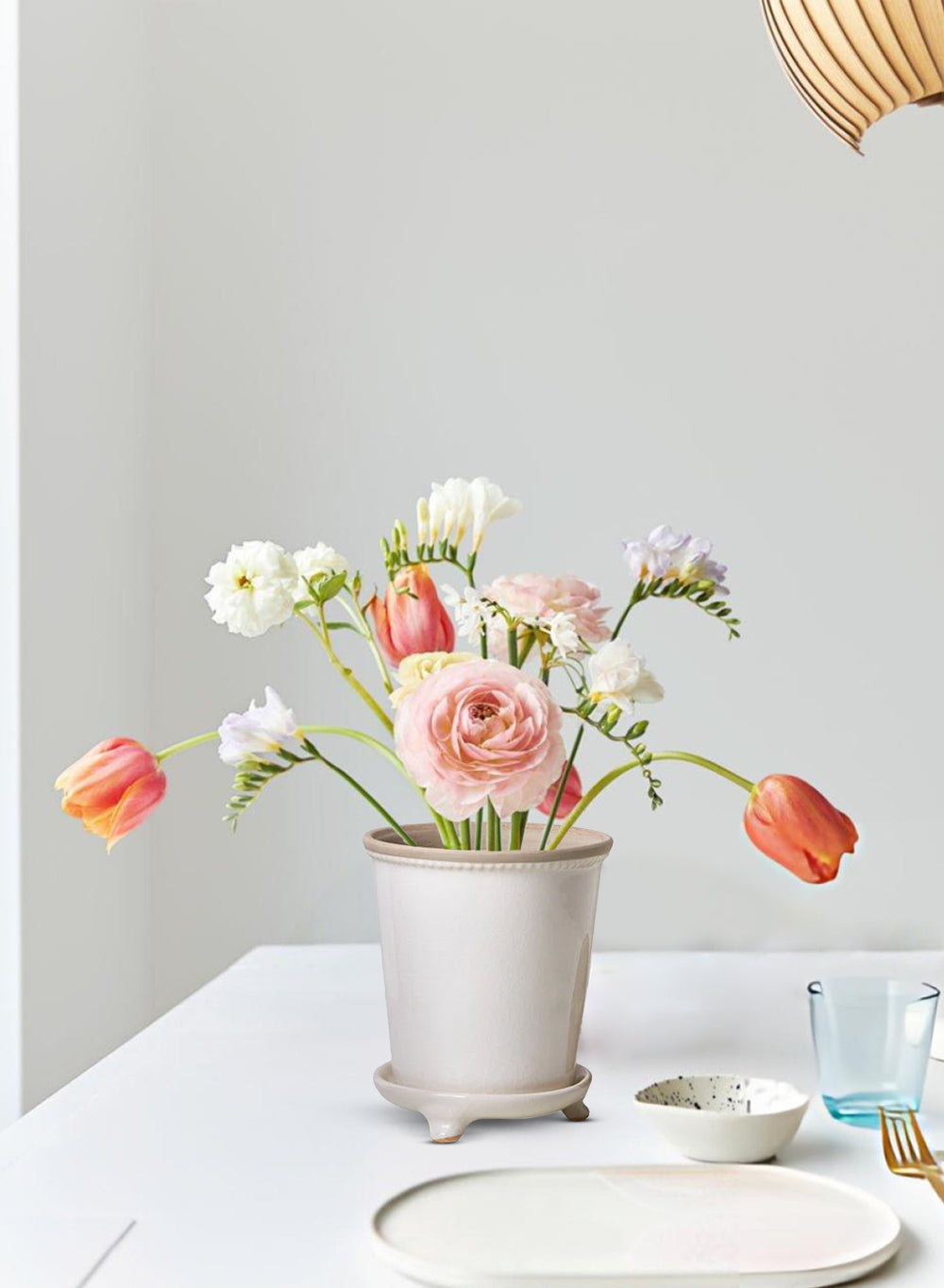 Crackled White with Gray Ceramic Planter Pot and Saucer