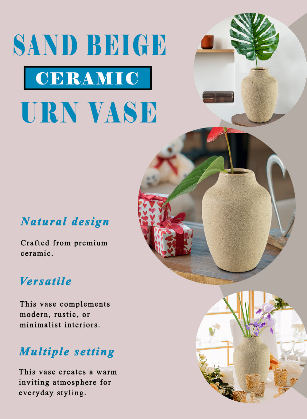 10" Sand Beige Ceramic Urn Vase