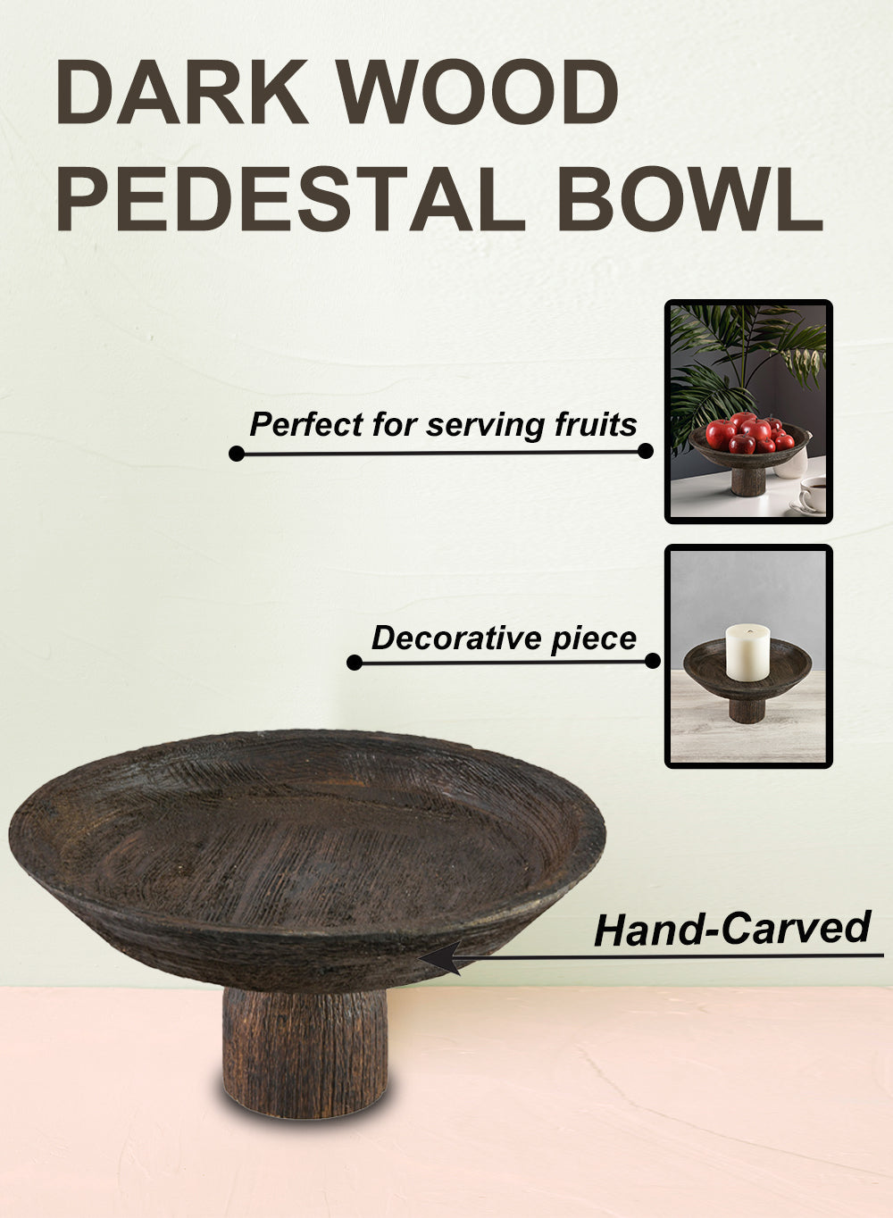 11.5" Hand-Carved Dark Wood Pedestal Bowl