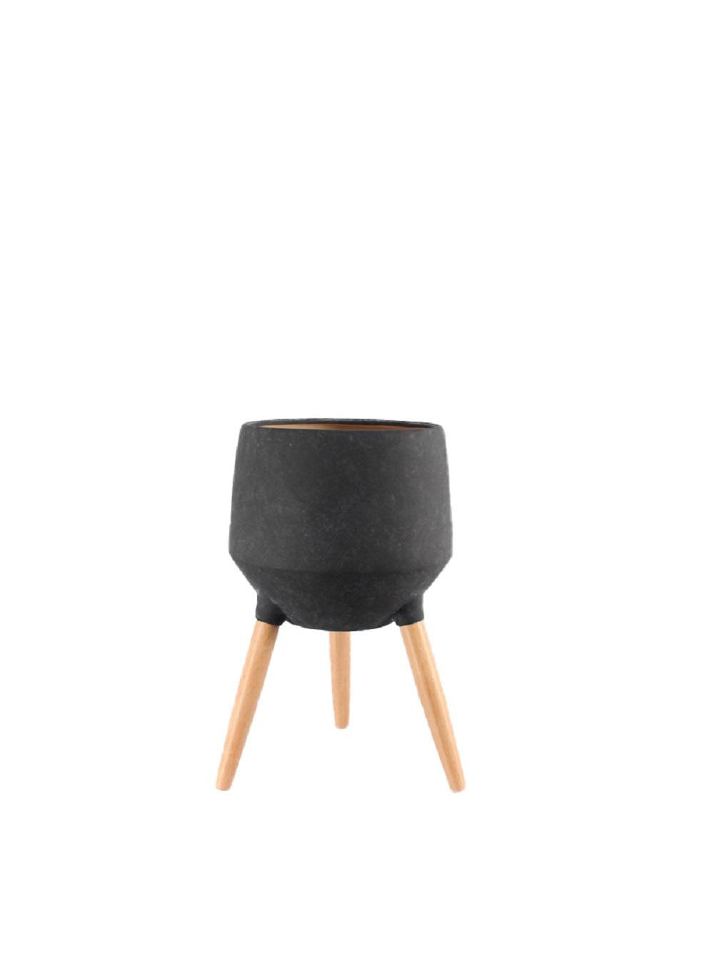 21.75" Black Ceramic Pot with Wooden Legs