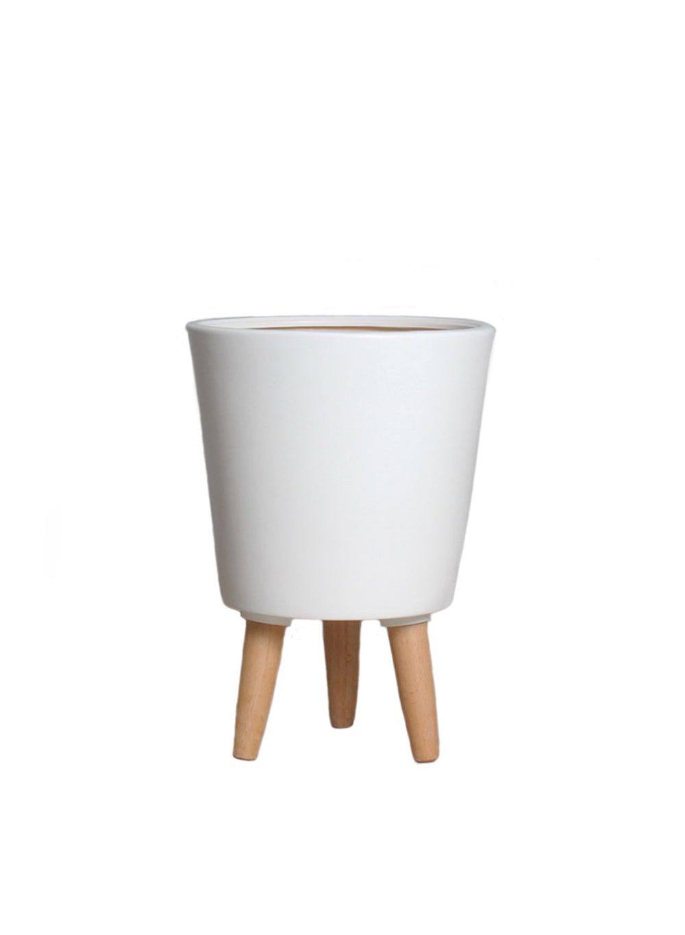 15" Matte White Ceramic Pot with Wooden Legs