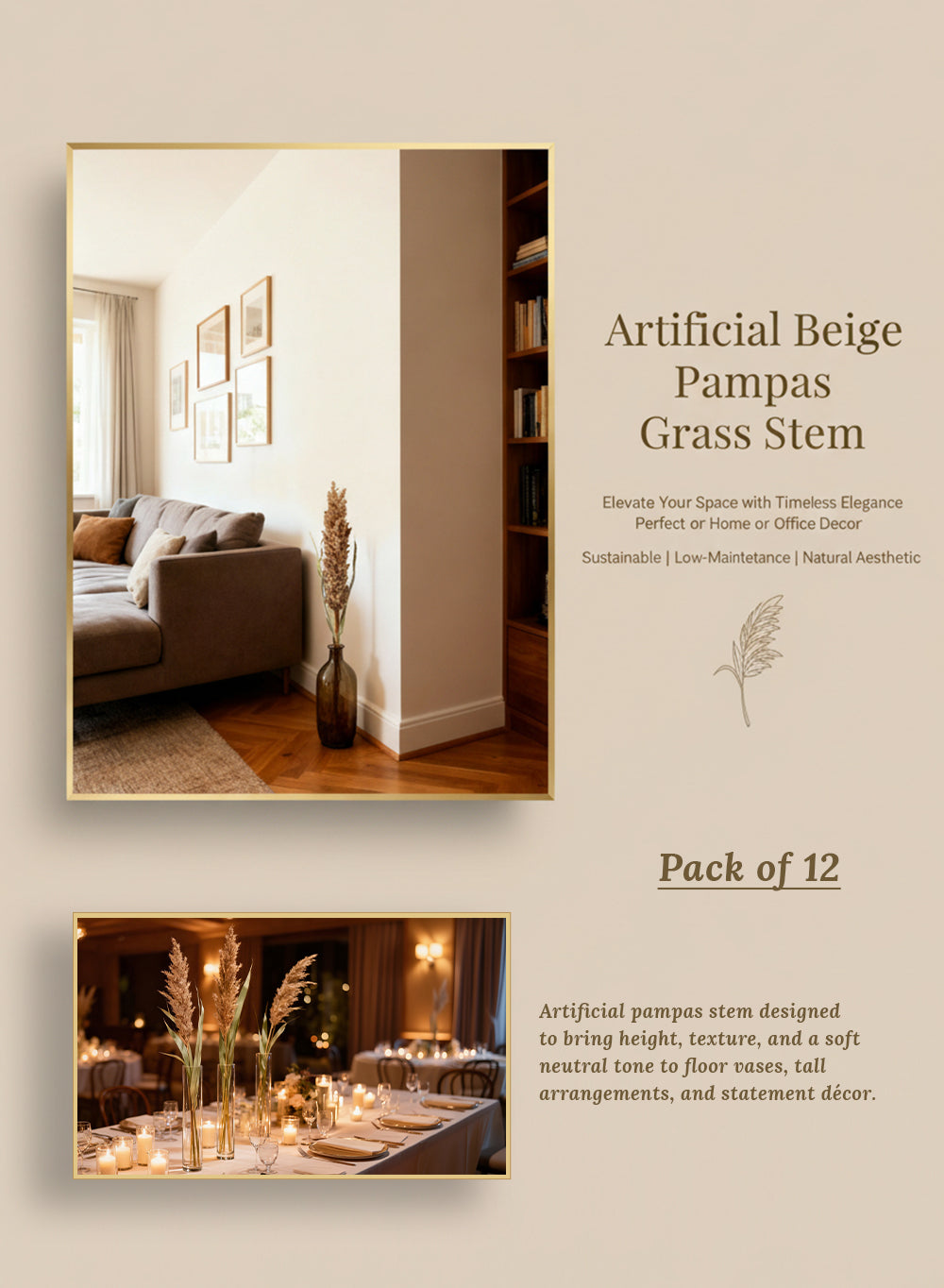 Artificial Beige Pampas Grass Stem, 42" Tall, Pack of 12