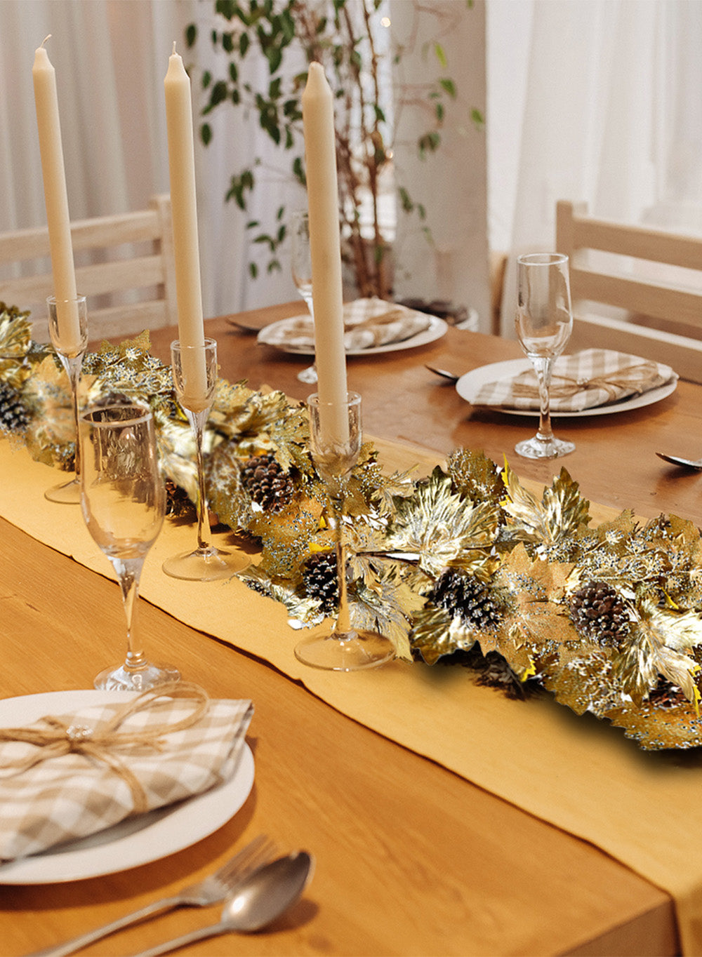 Artificial Gold Maple Leaf Garland with Pinecones, 72" Long