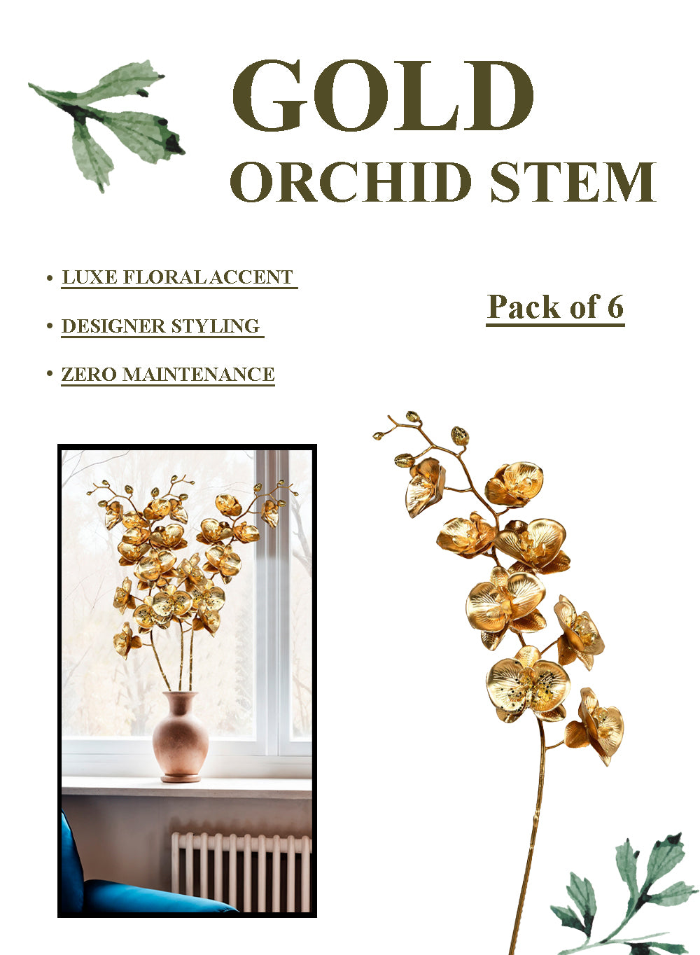 44" Orchid Luxe Stem, Pack of 6, in 2 Colors