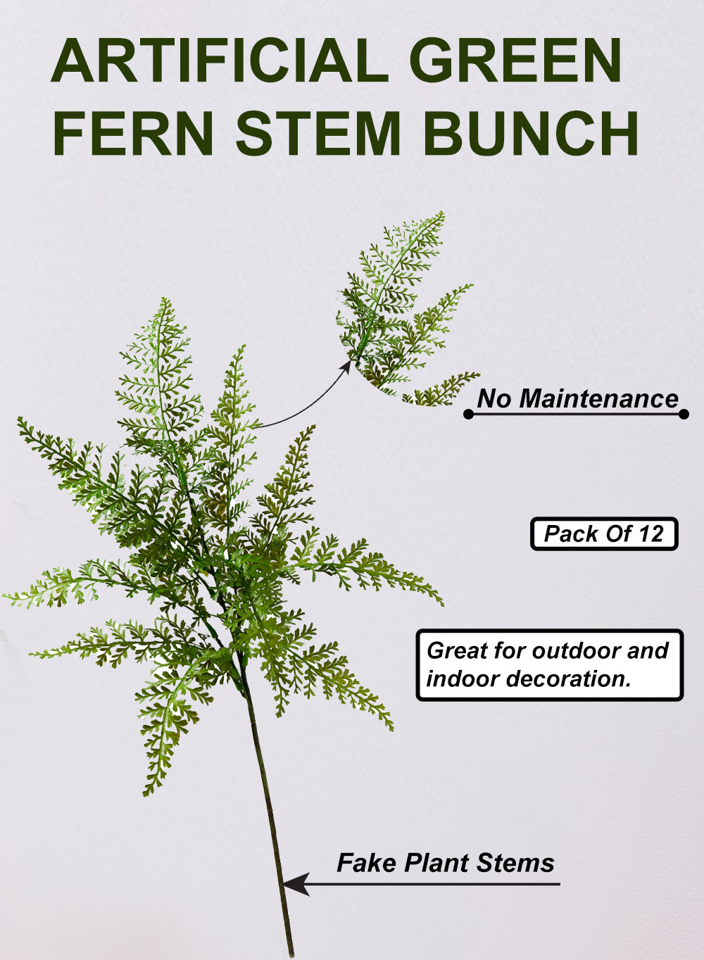 Artificial Green Fern Stem Bunch, Pack of 12