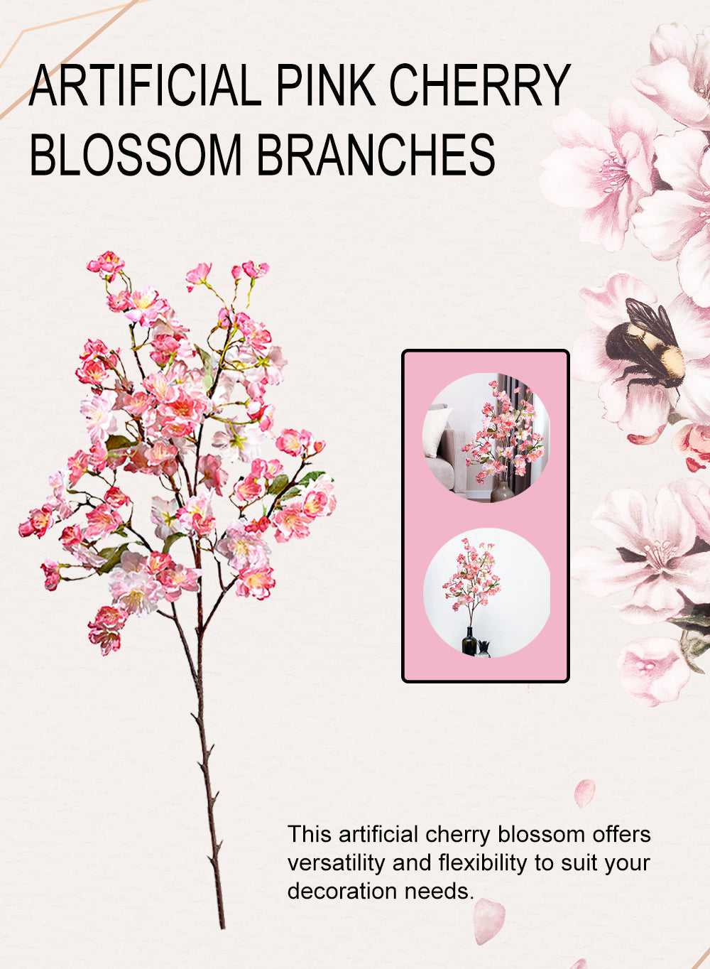 41" Artificial Pink Cherry Blossom Branch, Pack of 12