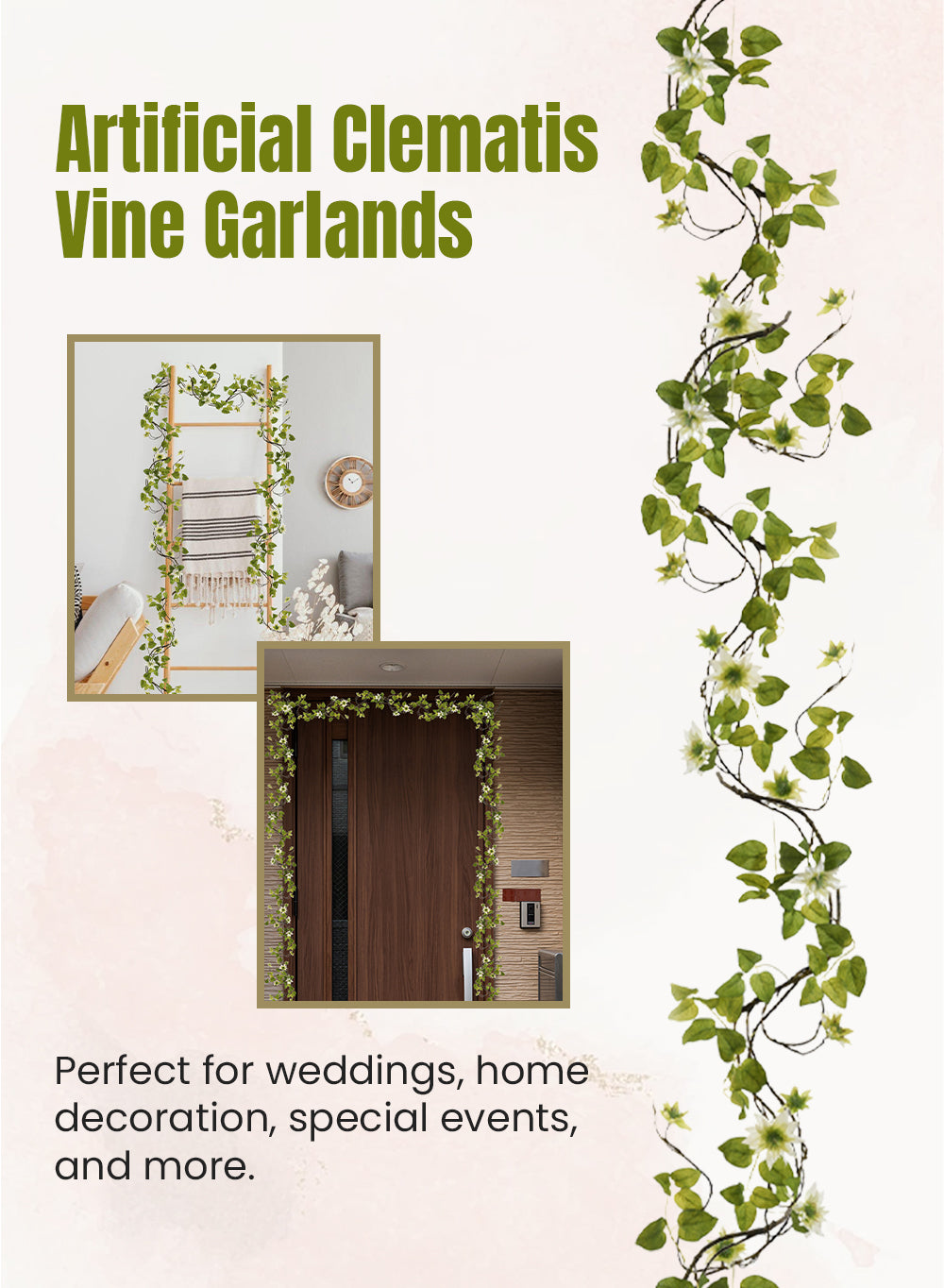 Serene Spaces Living Artificial Clematis Vine Garlands for Decoration, 56 Inch Faux Filler Silk Greenery