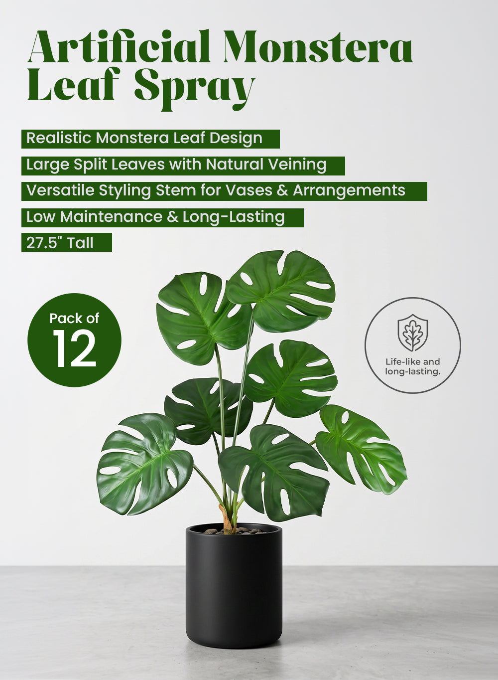 Artificial Monstera Leaf Spray, 27.5" Tall, Pack of 12