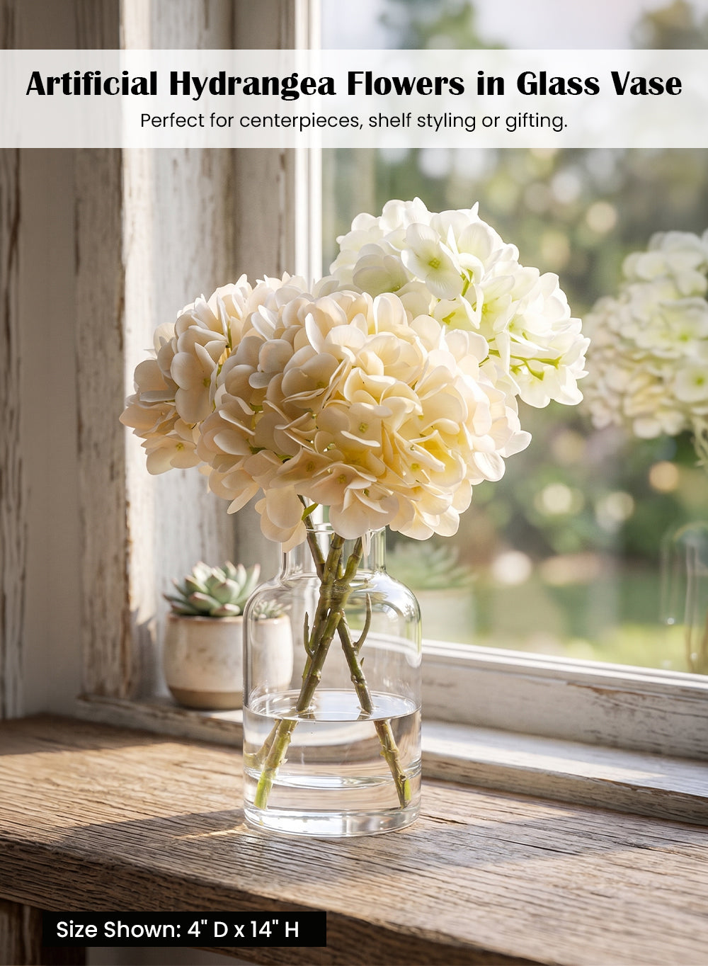 Artificial Hydrangea Flowers in Glass Vase, 4" Diameter & 14" Tall