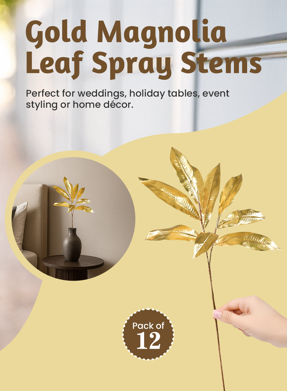 35" Gold Magnolia Leaf Spray Stems, Pack of 12