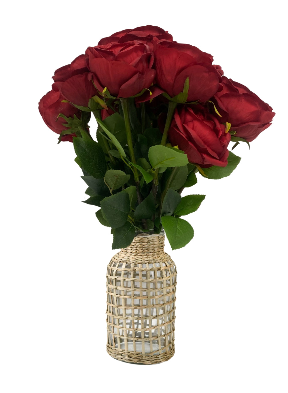 Bundle: Red Silk Roses with Rattan Glass Vases