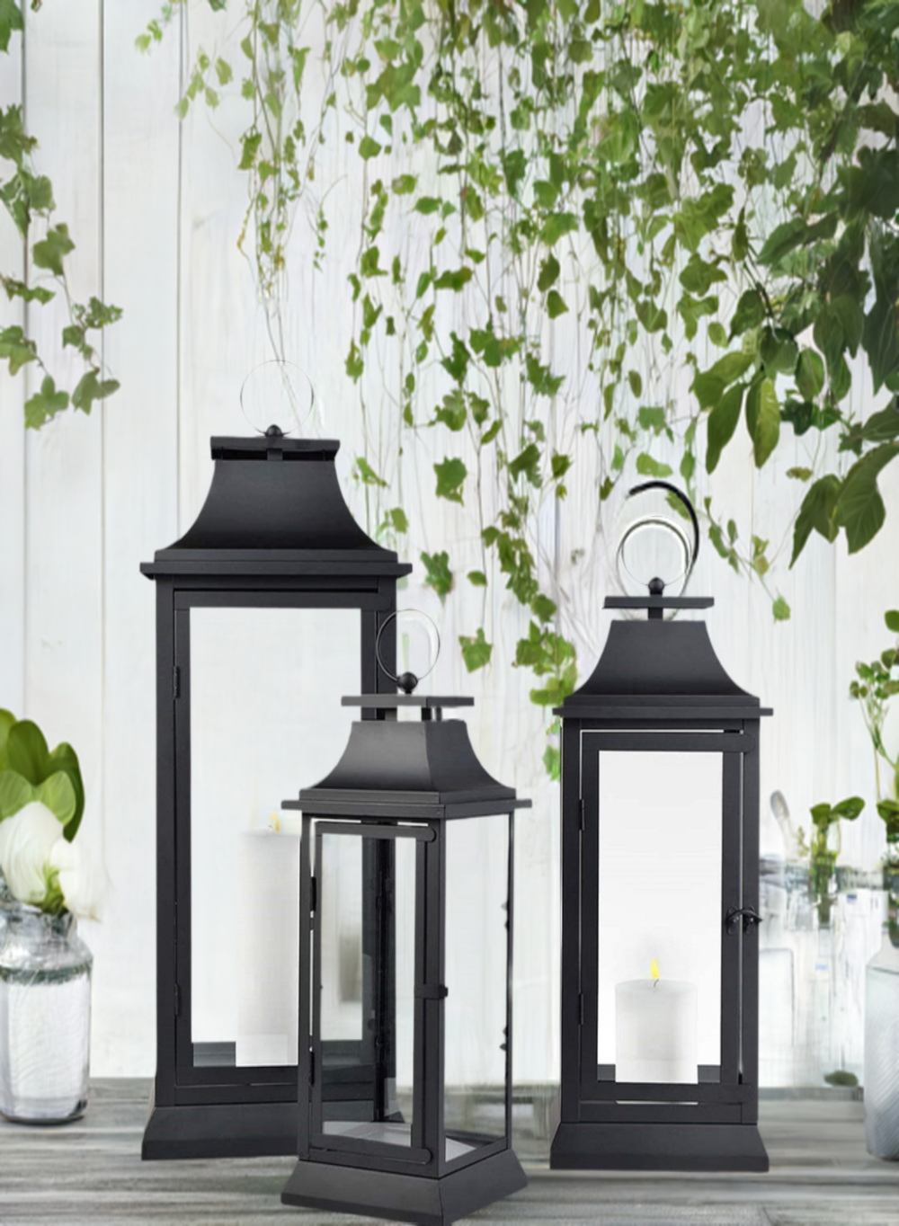 Serene Spaces Living Black/ White Hurricane Lanterns, in 3 sizes