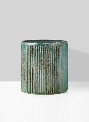 Serene Spaces Living Verdigris Ribbed Glass Container, Antique Style Vase for Wedding, Event Centerpiece, Measures 5” Tall and 4.75” Diameter
