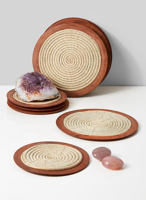 Serene Spaces Living Natural Raffia Coasters with Wood Edge, Set of 6, Measures 8.5" Diameter