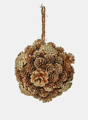 Serene Spaces Living Hanging Glitter Gold Pine Cone Ball, Ornament for Holiday Décor, Measures 6" Diameter