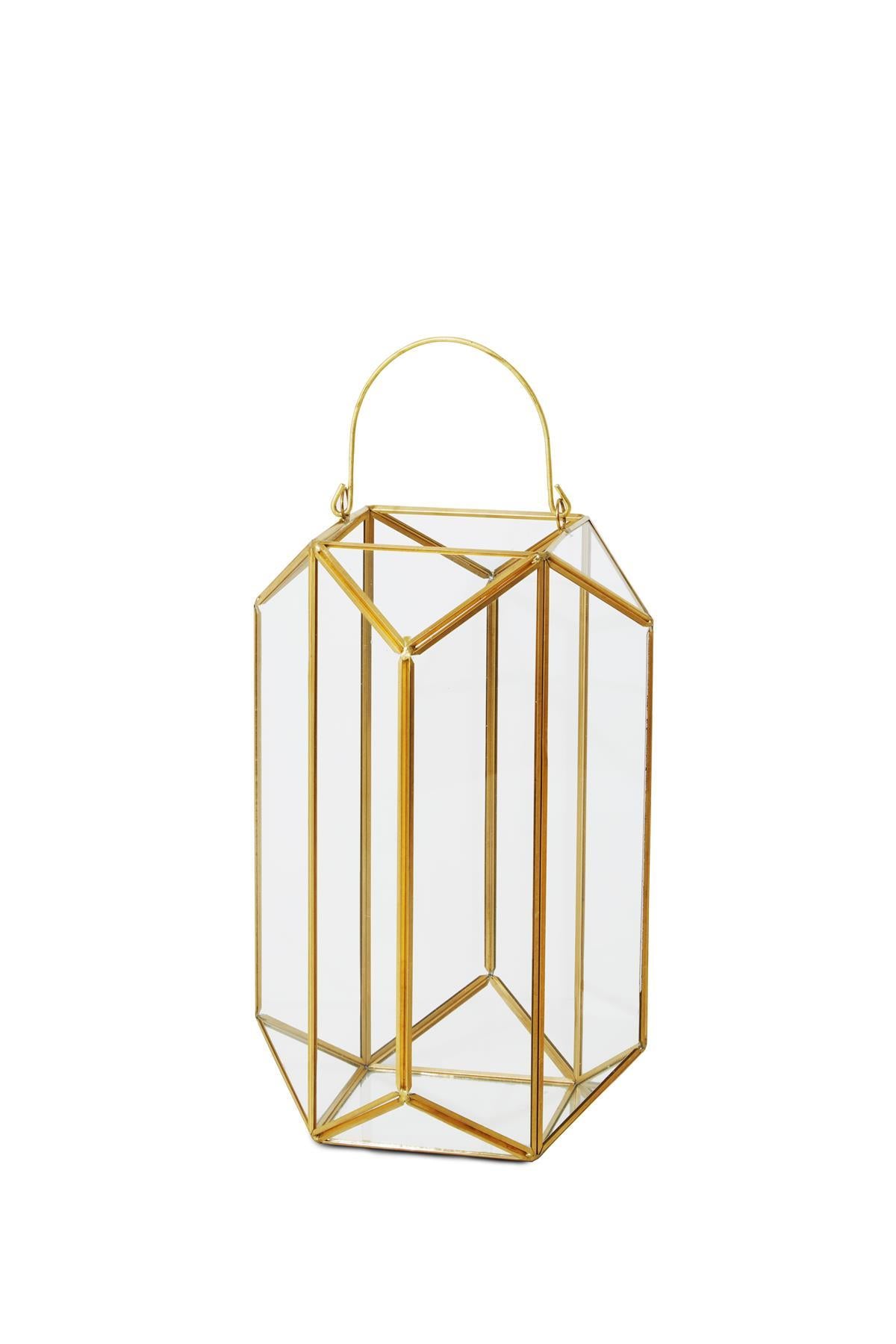 Gold Emerald-Cut Glass Lantern, 7" Diameter & 11" Tall