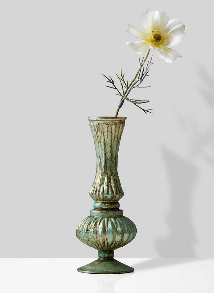 Serene Spaces Living Verdigris Glass Bud Vase, Vintage Style Vase, Measures 7” Tall and 2.75” Diameter
