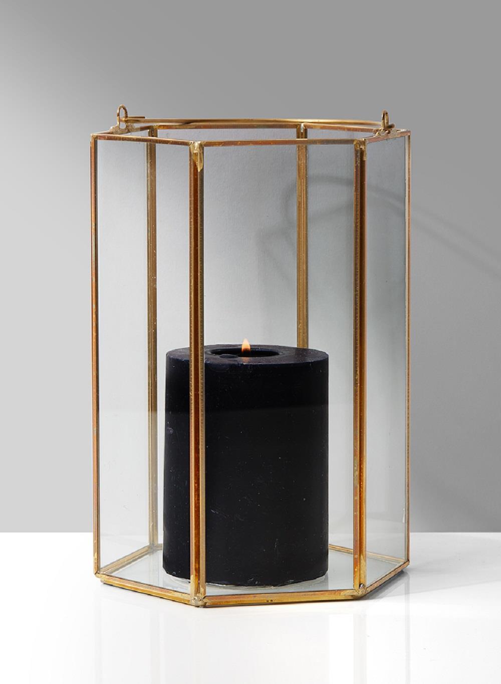 Gold Hexagon Glass Lantern, 5" Diameter & 8" Tall