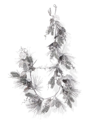 Serene Spaces Living 5ft Decorative Silver Glitter Holly, Berry & Pine Garland, Perfect for Christmas Décor