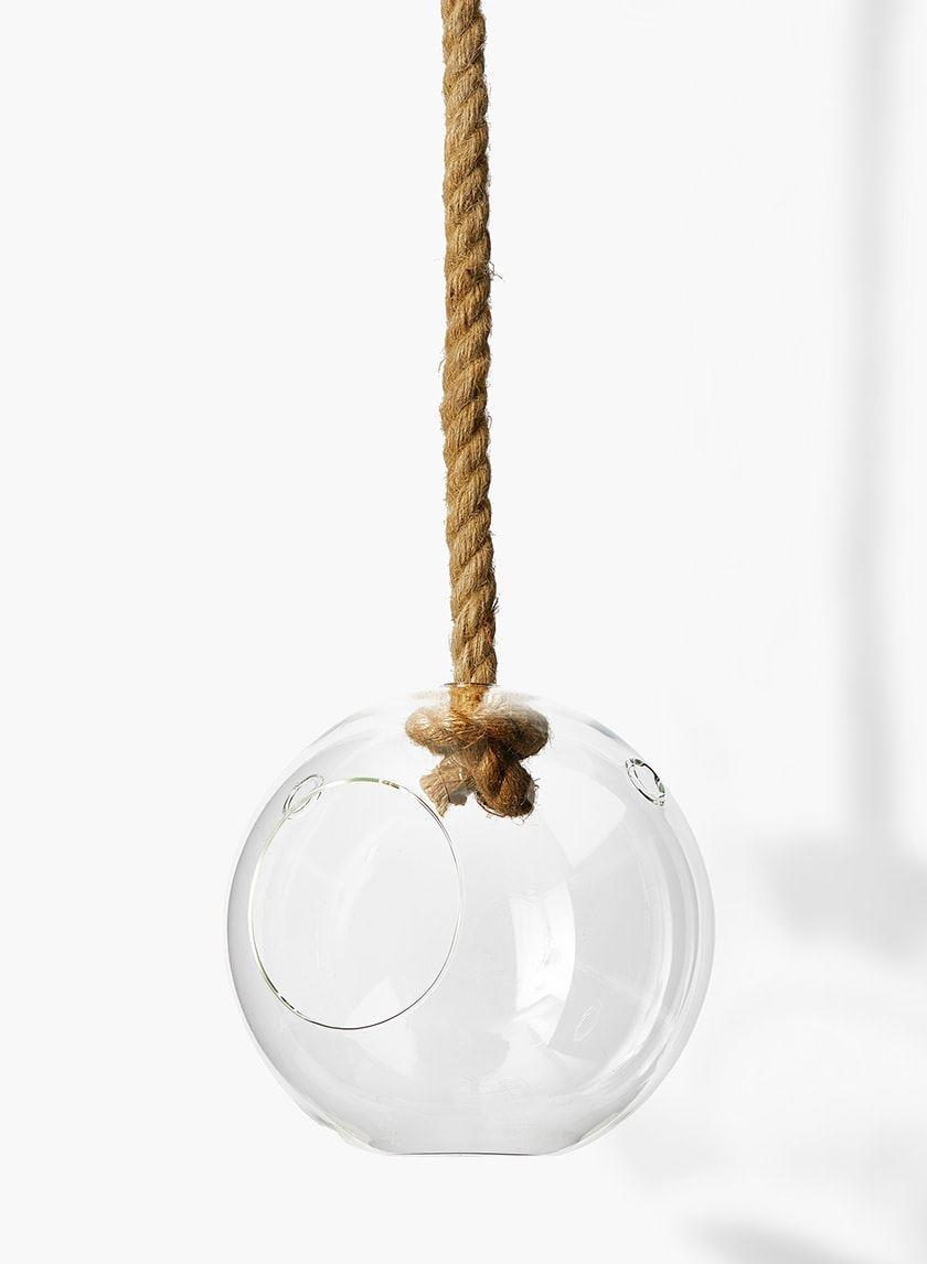 Serene Spaces Living Decorative Hanging Glass Vase with Jute Rope, Measures 8.5” Diameter