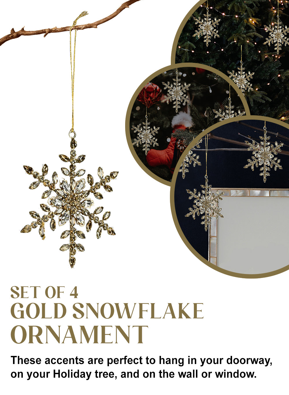 Gold Snowflake Ornament, 6" Diameter, Set of 4