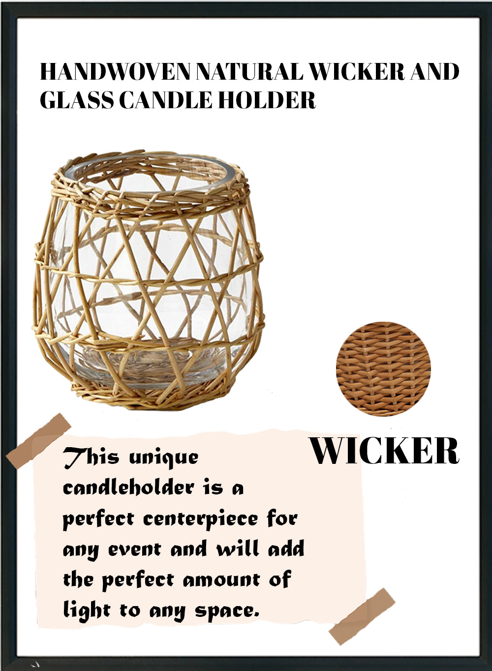 Serene Spaces Living Handwoven Wicker & Glass Candleholder, Available in 2 Sizes