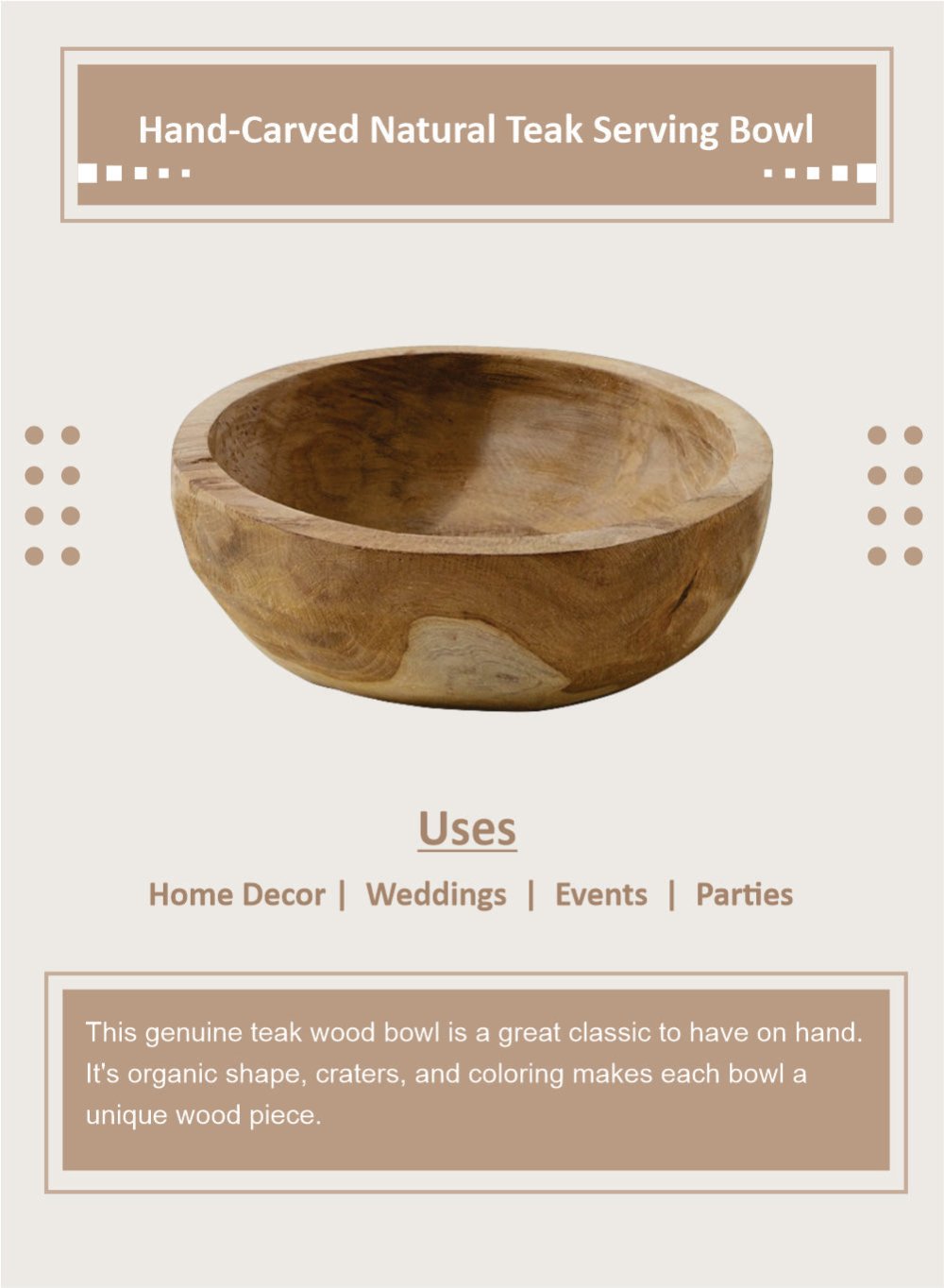 Hand-Carved Natural Teak Serving Bowl, In 3 Sizes