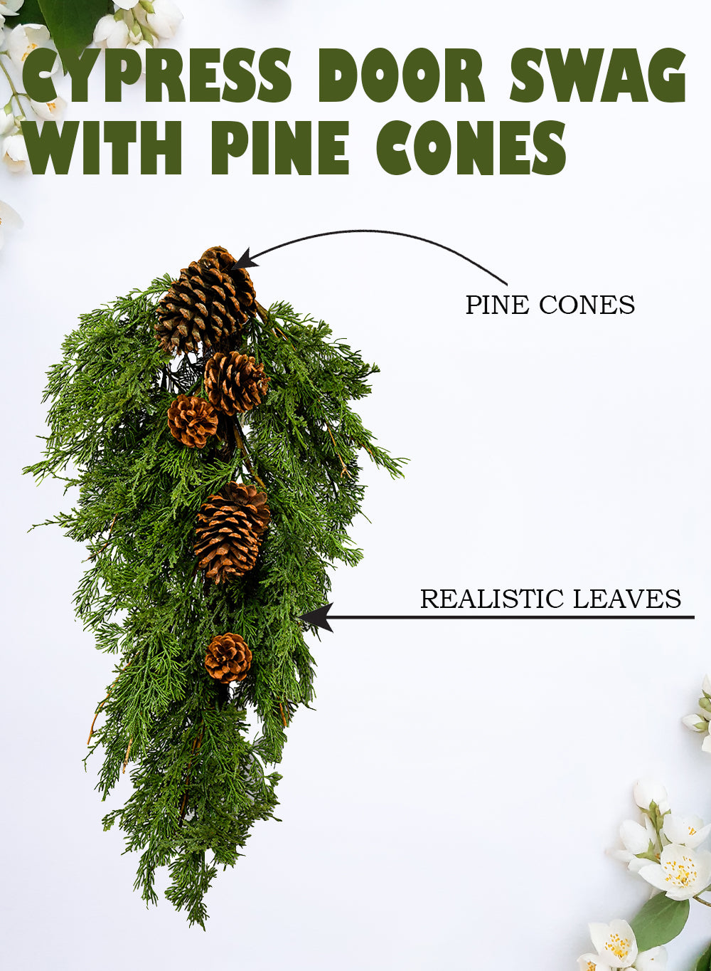 Faux Cypress Swag with Pine Cones, 28" Tall & 16" Wide