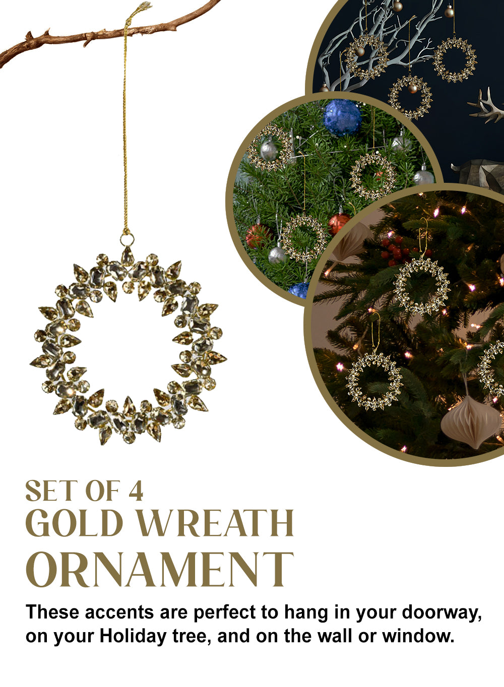 Gold Wreath Ornament, 5" Diameter, Set of 4