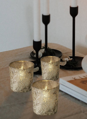 Serene Spaces Living Set of 6 Textured Old Silver Votive Candle Holders Glass, Ideal for Weddings Parties Fall Table Decorations, 2.5" Tall and 2.5" Diameter