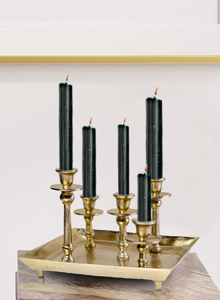 Gold Candlesticks on Square Tray, 12.75" Square & 9" Tall