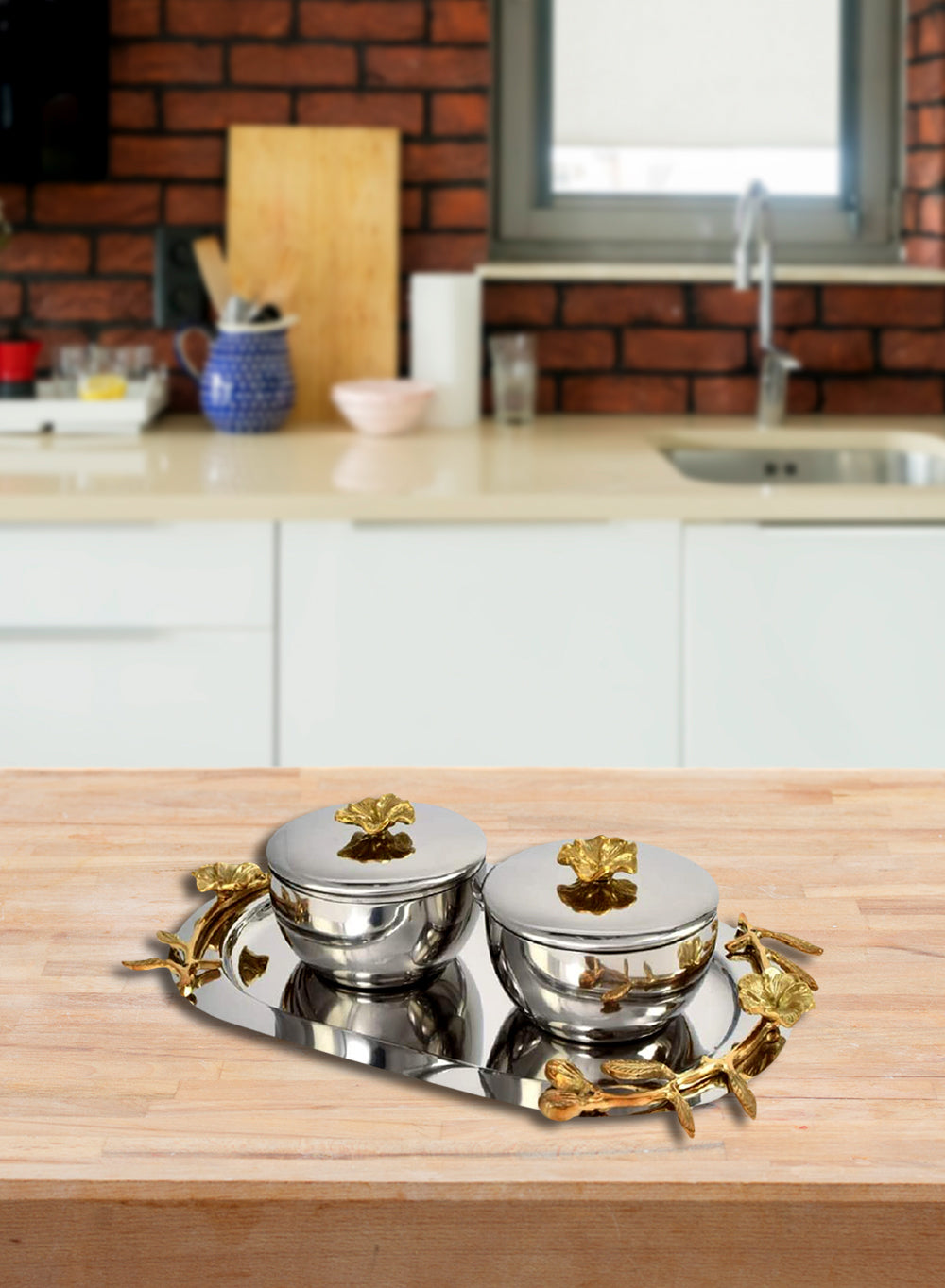 Silver Tray with Orchid Stems on Edges & Two Bowls With Lids