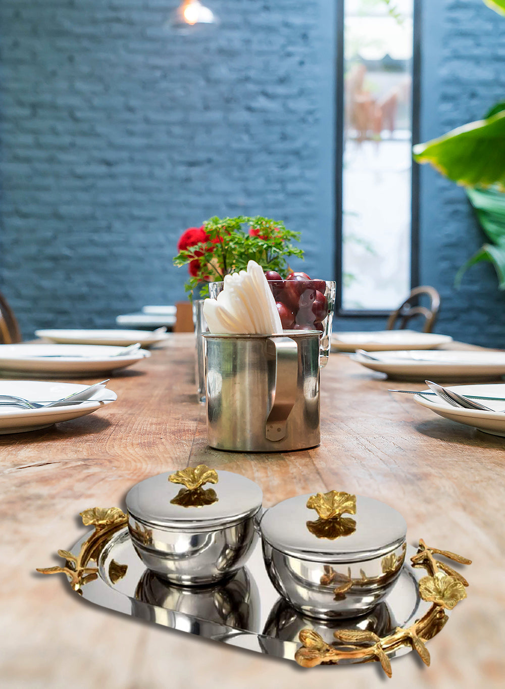 Silver Tray with Orchid Stems on Edges & Two Bowls With Lids