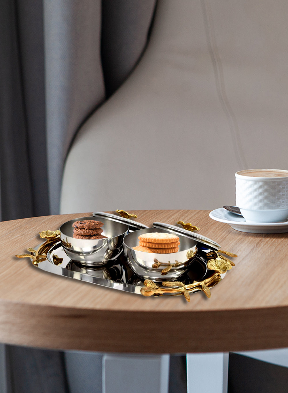 Silver Tray with Orchid Stems on Edges & Two Bowls With Lids