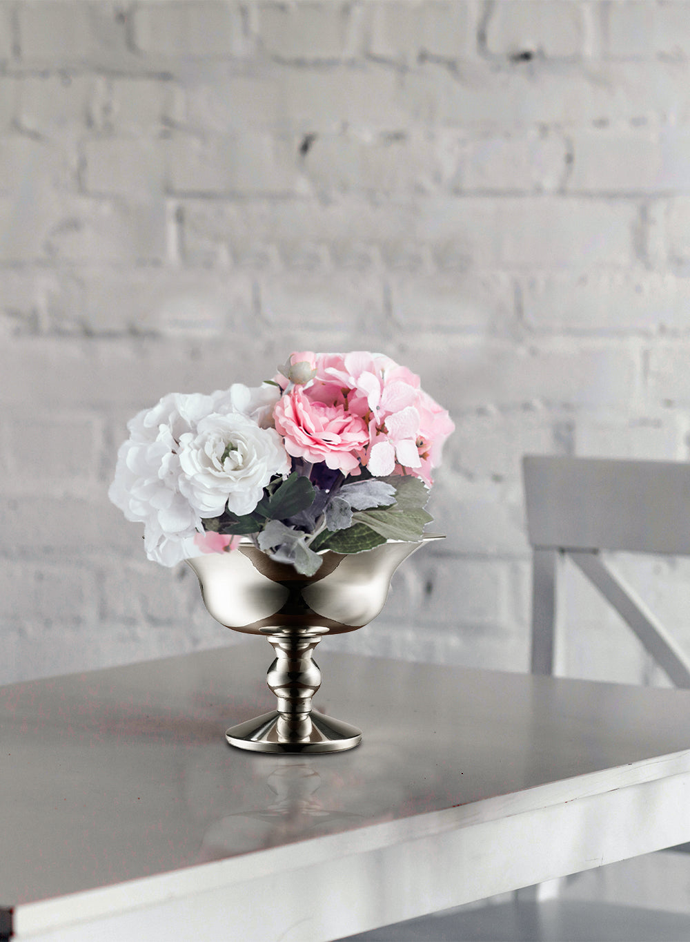 Polished Silver Floral Urn, 10" Diameter & 7.25" Tall